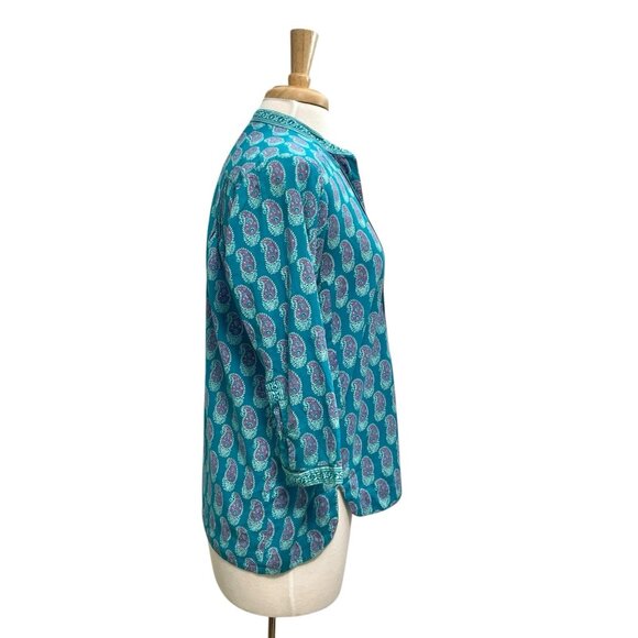 Anokhi Paisley Split-Neck 3/4 Sleeve Blouse Top Turquoise size Small - Picture 3 of 8